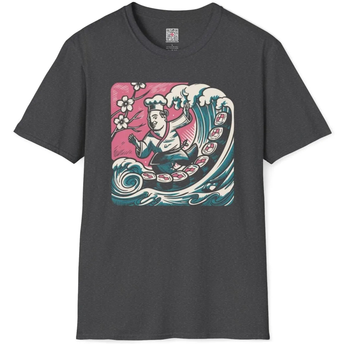 Dark heather t-shirt flatlay with energetic chef on wave, sushi rolls, and pink cherry blossom details.