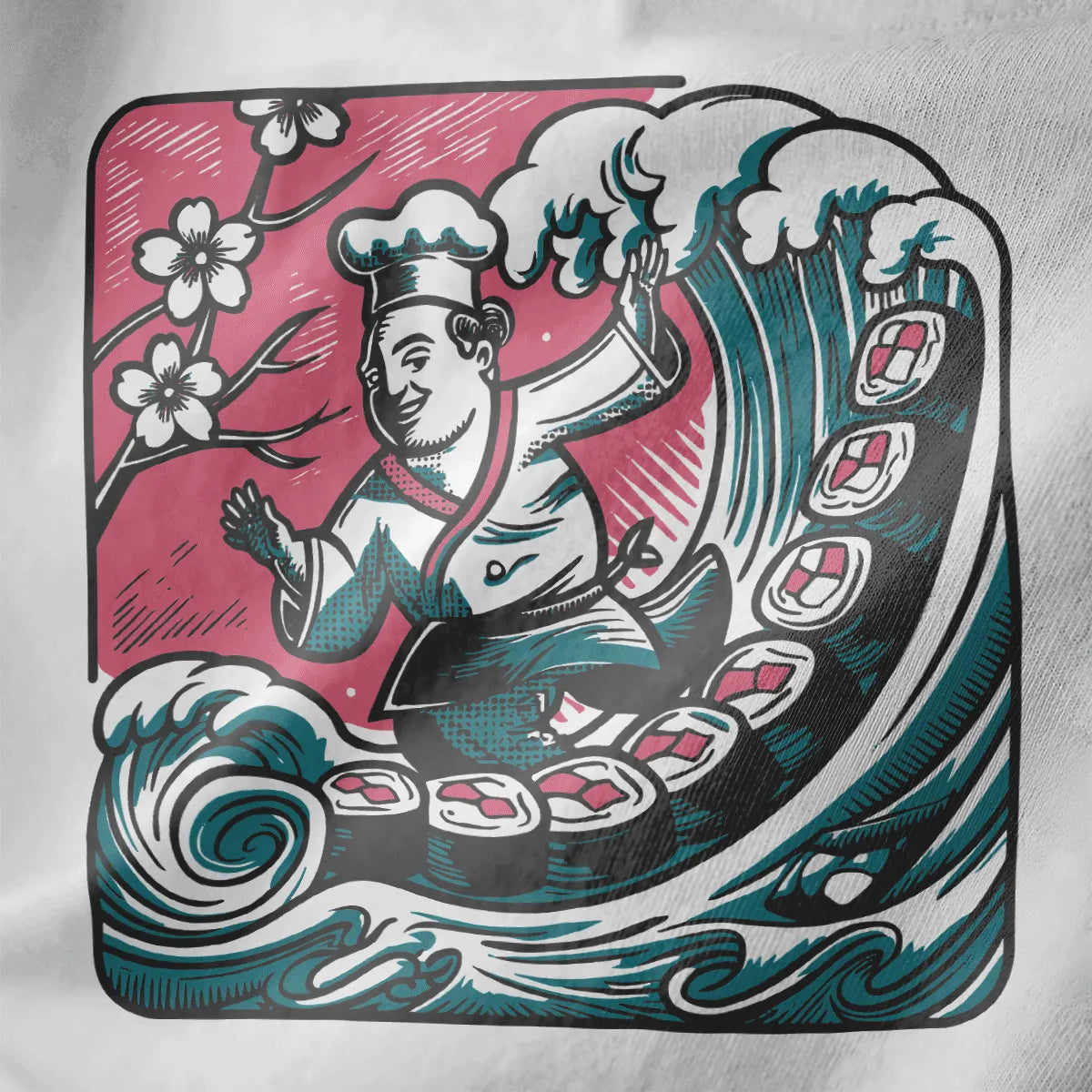 Joyful Japanese chef riding a wave with sushi rolls, cherry blossoms, and pink background on white fabric.