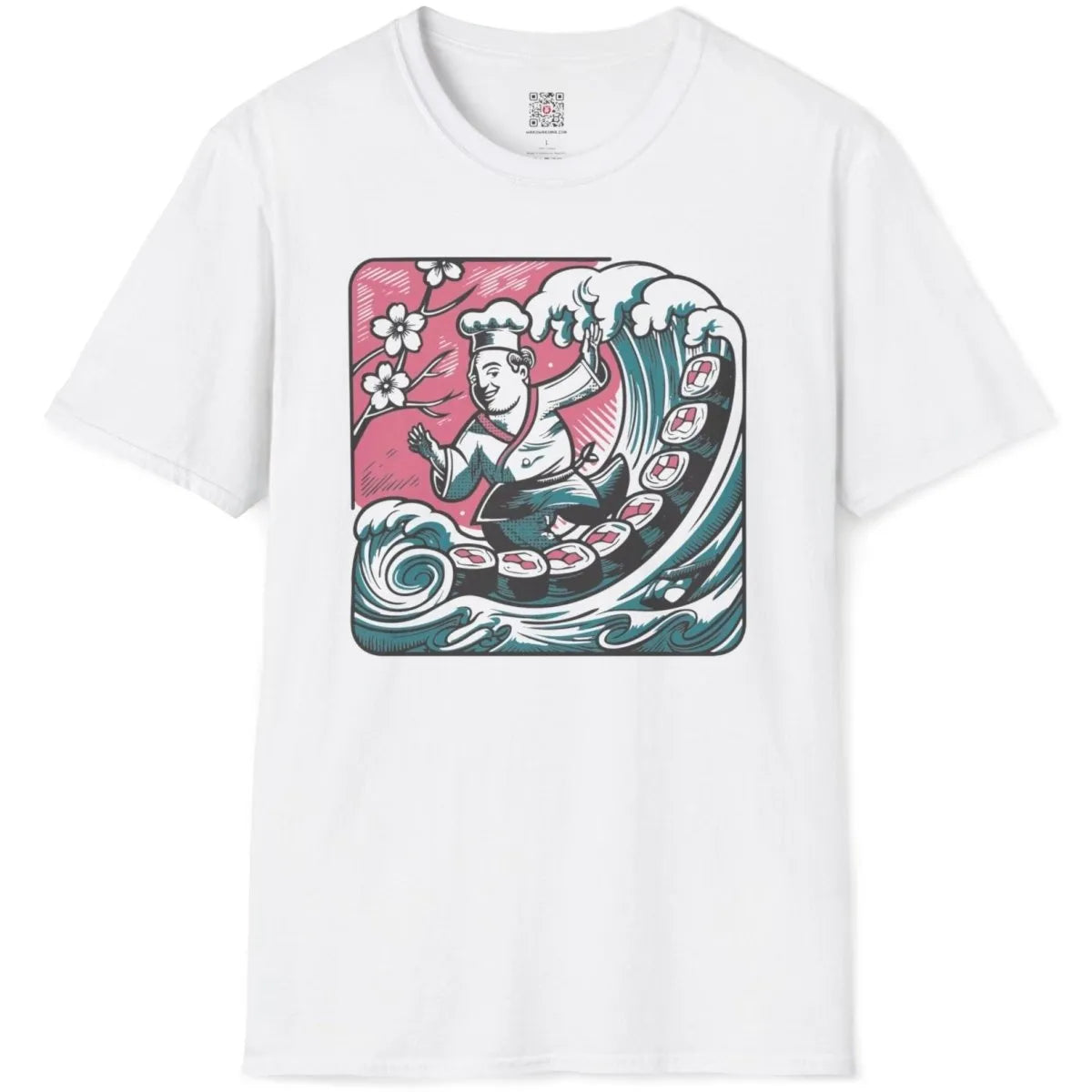 White t-shirt flatlay with playful chef, swirling wave, sushi, and cherry blossoms.