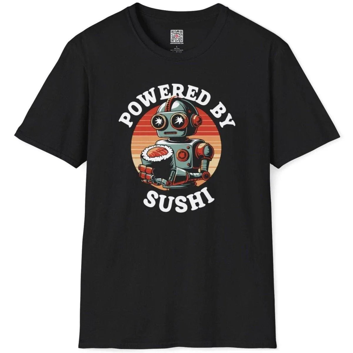 Black t-shirt flatlay showing vintage robot clutching sushi, pop art outfits, strong typography above and below.