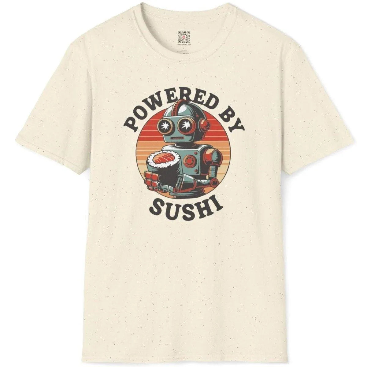 Natural t-shirt flatlay with vintage robot, large sushi roll, and playful “POWERED BY SUSHI” text, cultural hybrid.