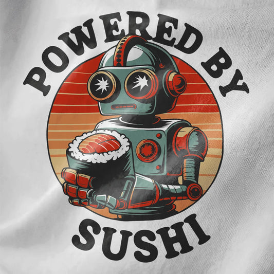 Close-up of a white t-shirt with a retro robot holding sushi, bold “POWERED BY SUSHI” text, vintage aesthetic.