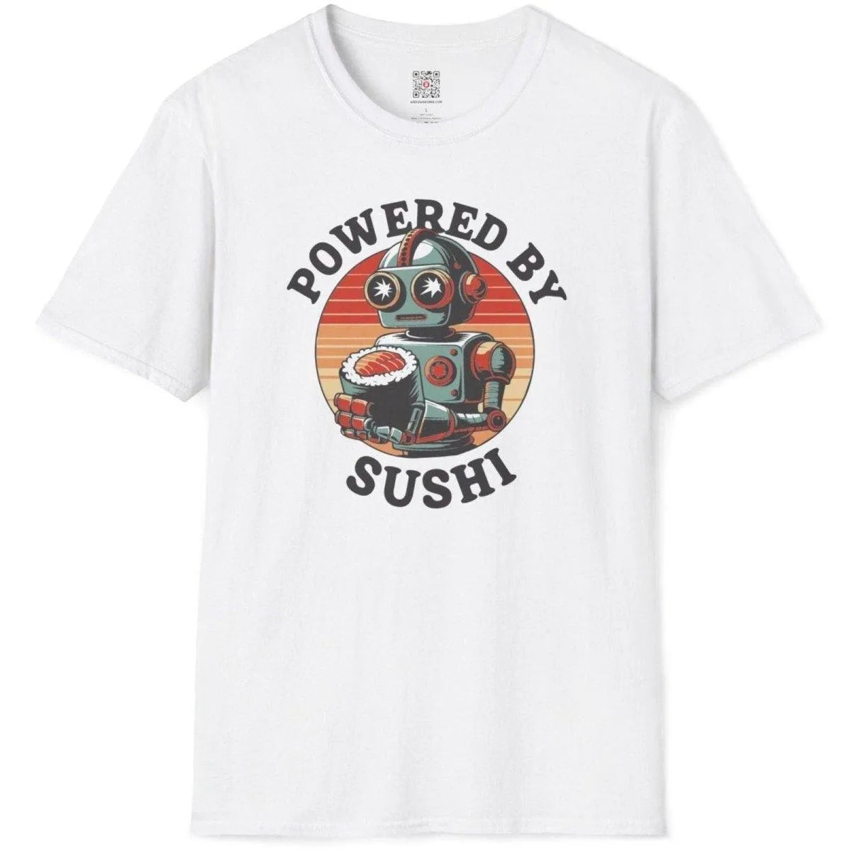 White t-shirt flatlay with teal and rust robot holding sushi roll, 80s inspired, graphic t shirts for ladies.