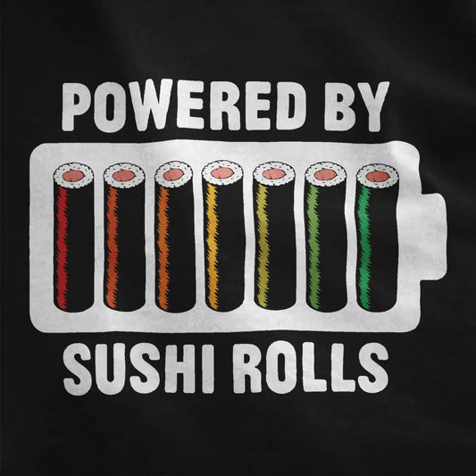 Battery icon with sushi rolls on black shirt, bold “POWERED BY SUSHI ROLLS,” sushi shirt, pop t-shirt shirts.