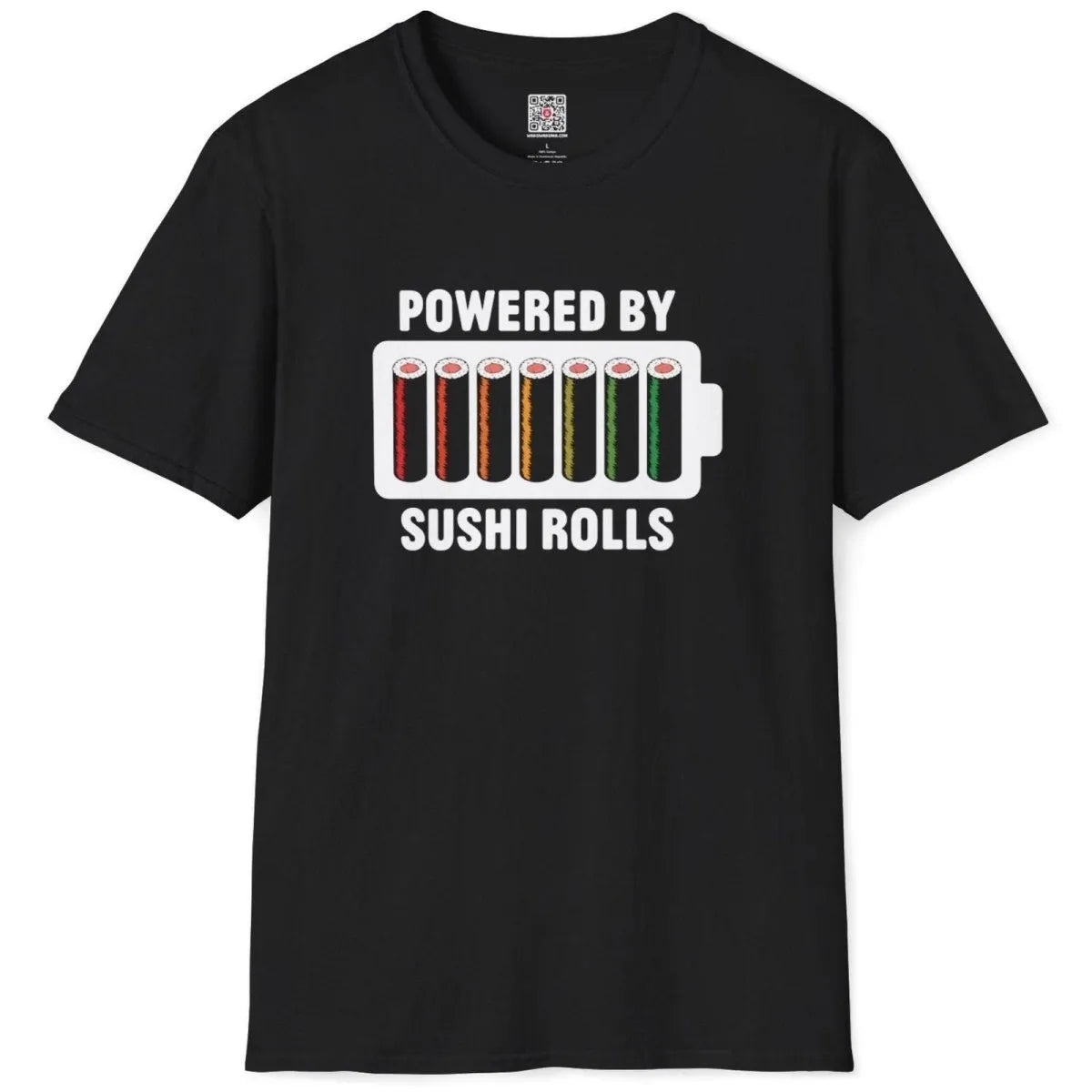 Black flatlay: battery icon with sushi rolls, “POWERED BY SUSHI ROLLS,” sushi pun, foodie design.