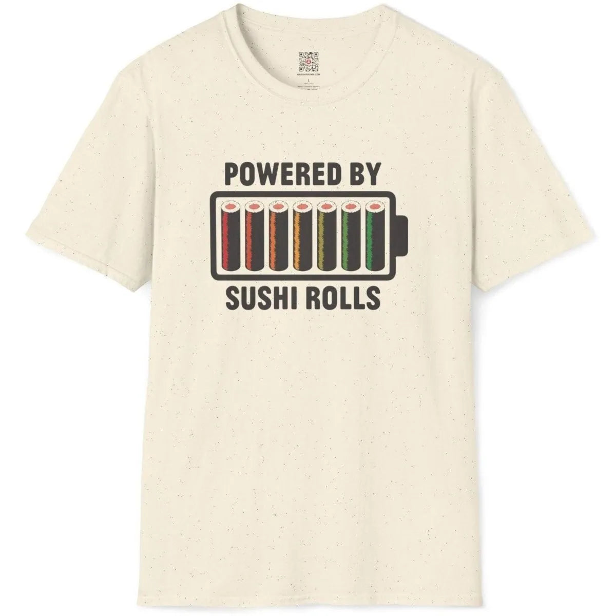 Natural flatlay: battery icon filled with sushi rolls, “POWERED BY SUSHI ROLLS,” contemporary styling.