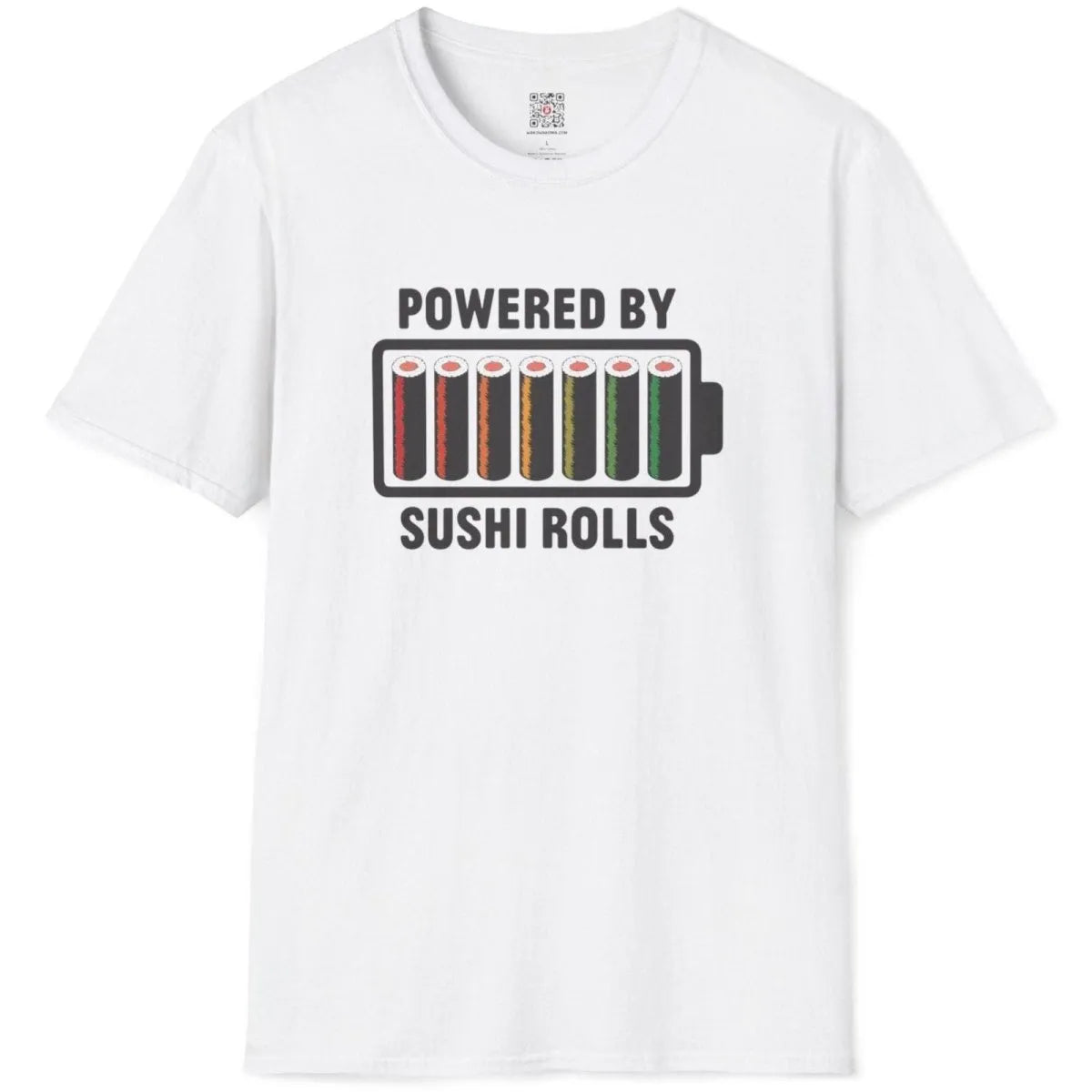 White flatlay: battery icon filled with sushi rolls, “POWERED BY SUSHI ROLLS,” graphic design t shirt.