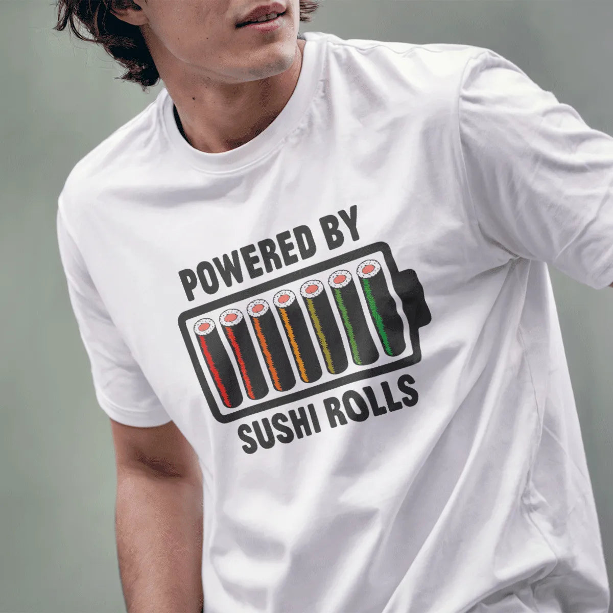 Male model in white t-shirt with battery of sushi rolls, “POWERED BY SUSHI ROLLS,” japanese t-shirts.
