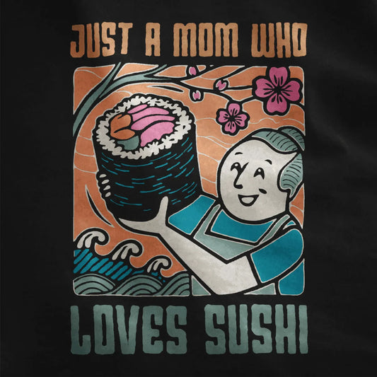 Close-up of vibrant sushi mom design on black fabric with playful waves and bold fonts.