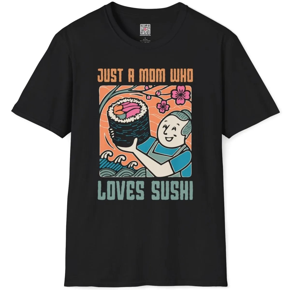 Black t-shirt flatlay with sushi mom design, nautical waves, and cultural blend elements.