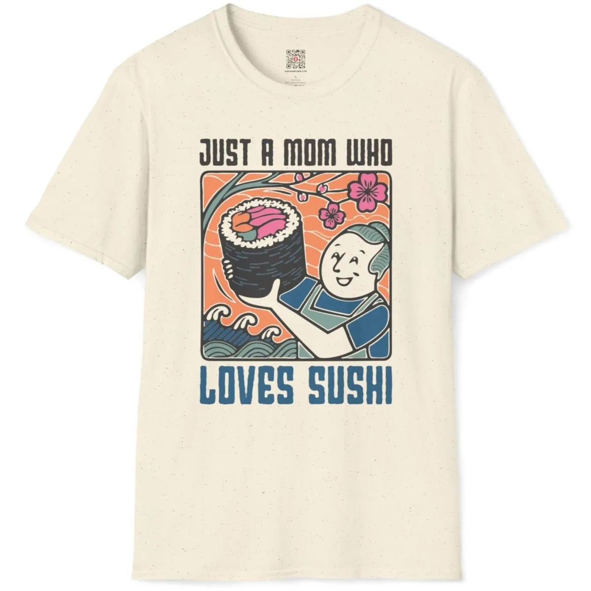 Natural t-shirt flatlay featuring sushi mom design, cherry blossom theme, and vibrant style.