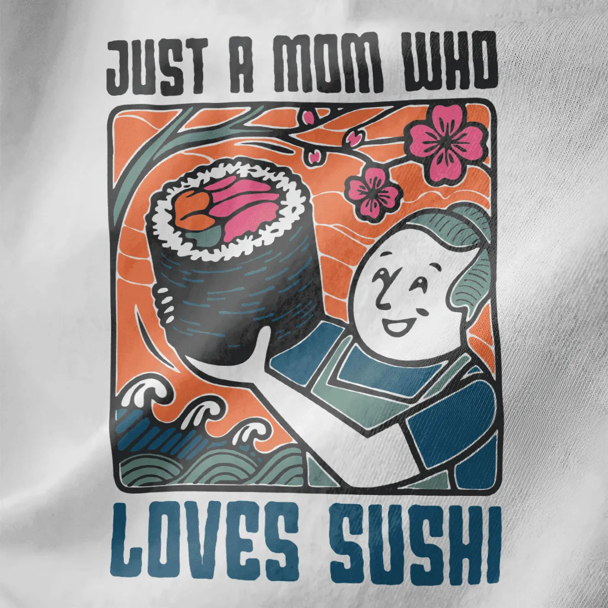 Close-up of colorful sushi mom design on white fabric, featuring cherry blossom and bold text.