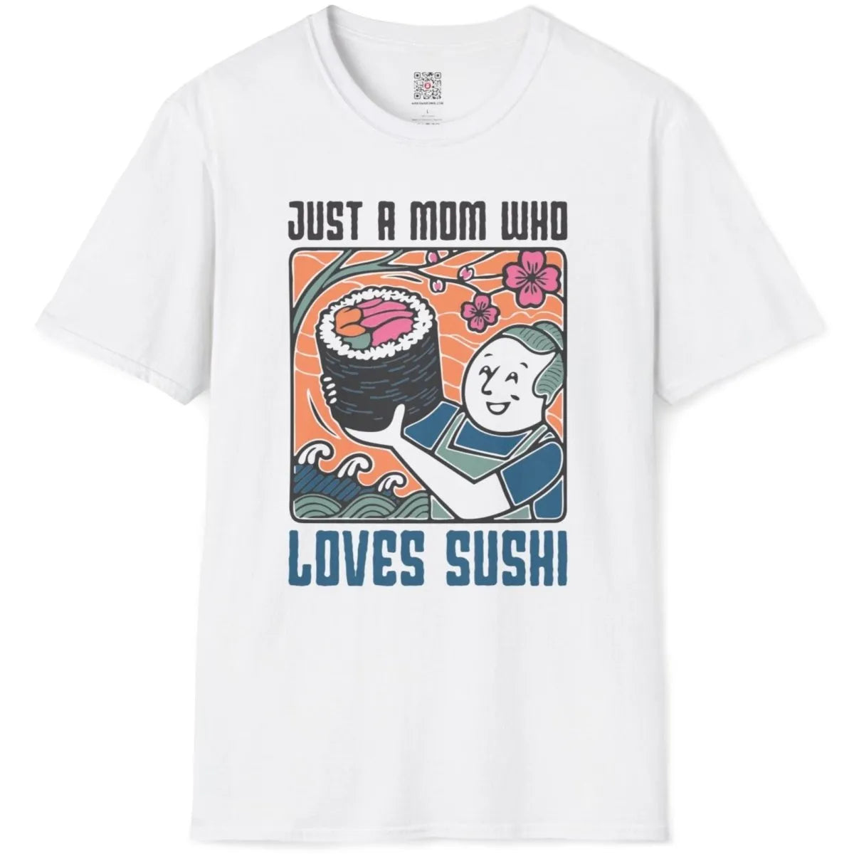 White t-shirt flatlay showing sushi mom graphic, cherry blossoms, and sushi art details.