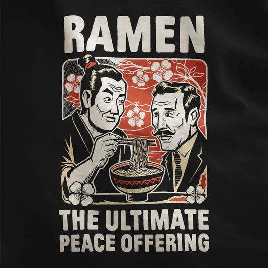 Close-up of ramen peace design on black fabric with cultural symbols and vibrant red background.