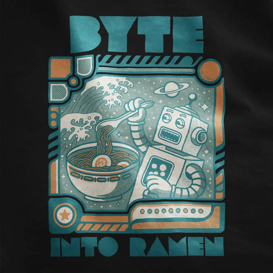 Close-up of robot ramen design on black fabric with retro robot, vibrant background, and tech shirt style.