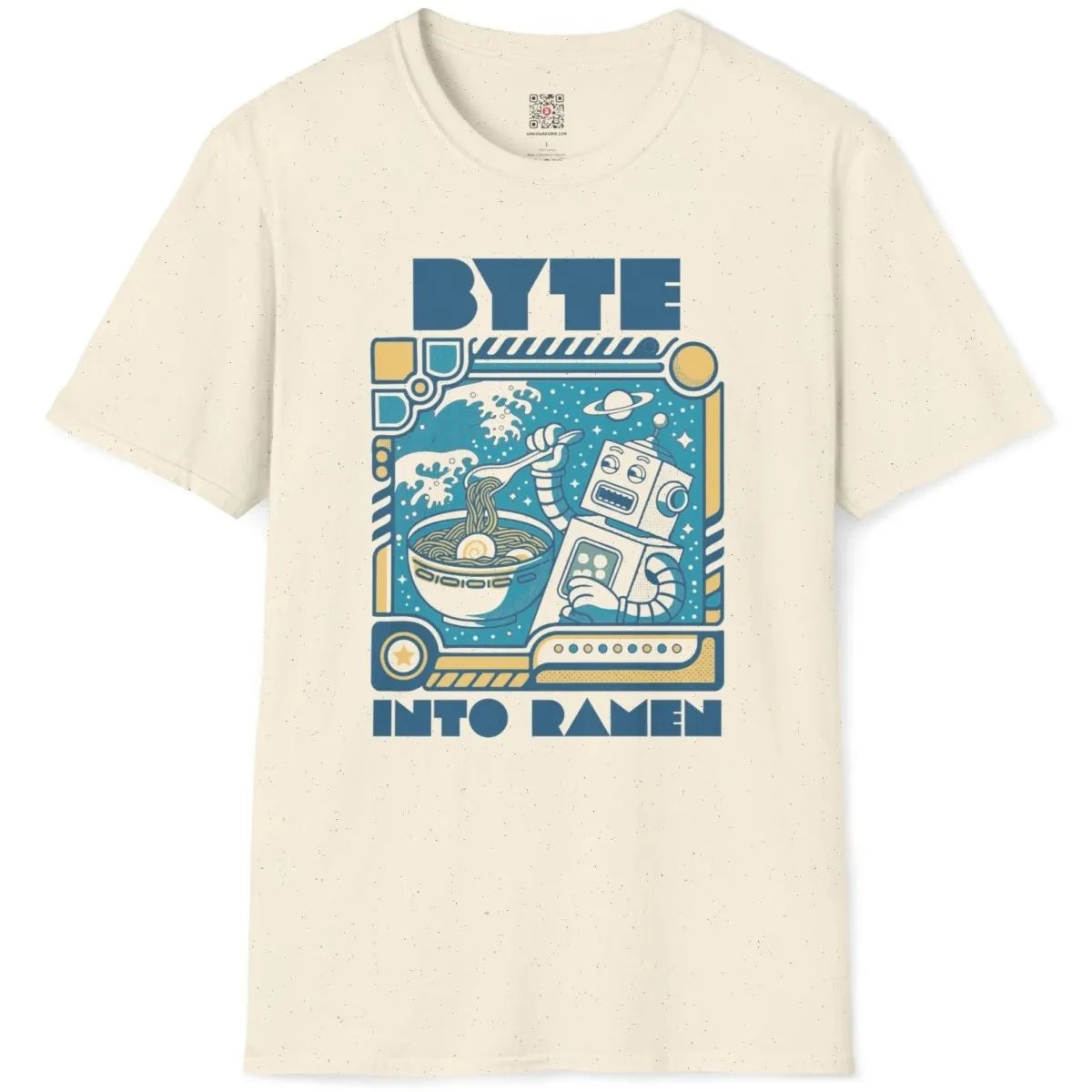 Natural t-shirt flatlay with robot ramen design, anime t shirts style, and vibrant background.