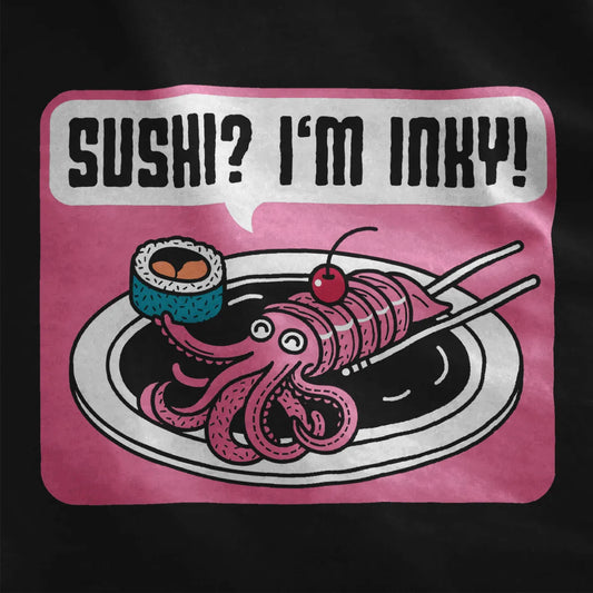 Playful pink squid sushi with cherry and chopsticks on black shirt, featuring sushi pun and kawaii design.