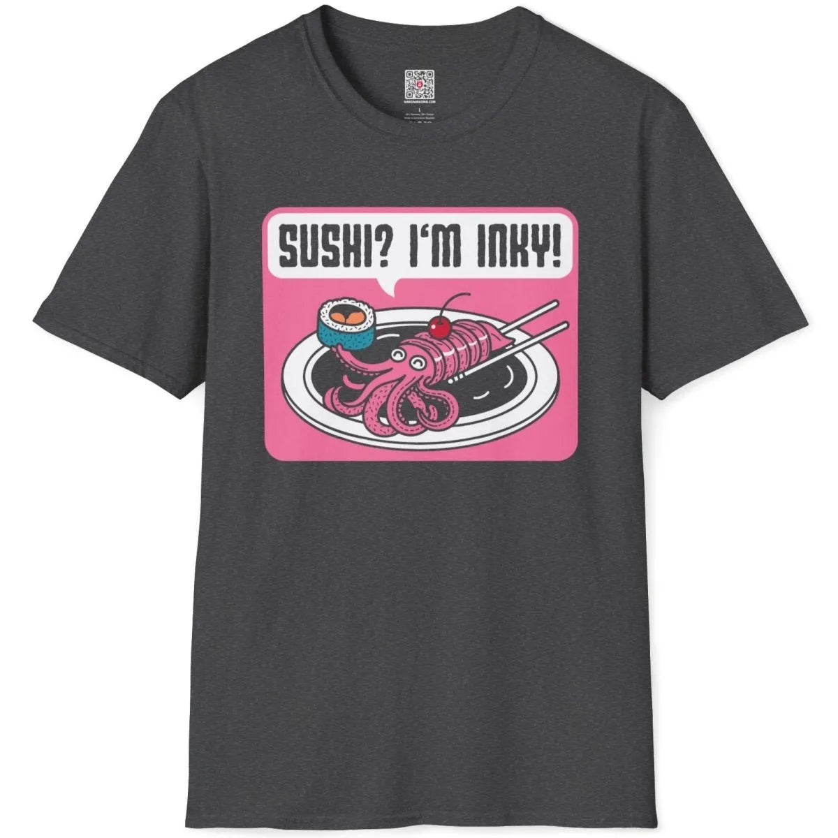 Dark heather shirt flatlay with kawaii pink squid sushi, chopsticks, and sushi pun design.