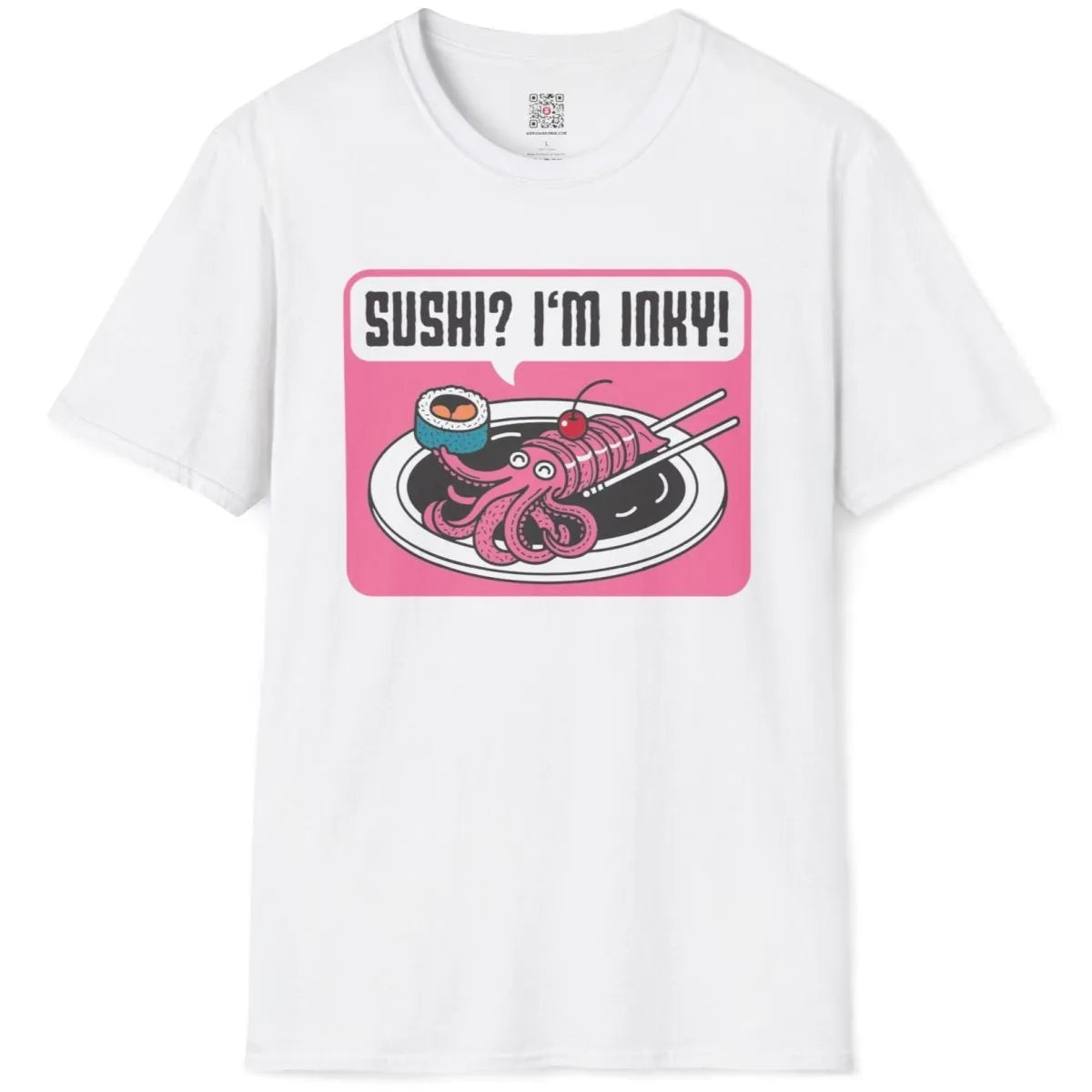 White flatlay shirt with playful squid sushi, cherry, and sushi roll in vibrant cartoonish style.