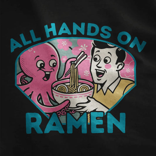 Cheerful pink octopus and man sharing ramen on black shirt, with cherry blossoms and ramen joy.