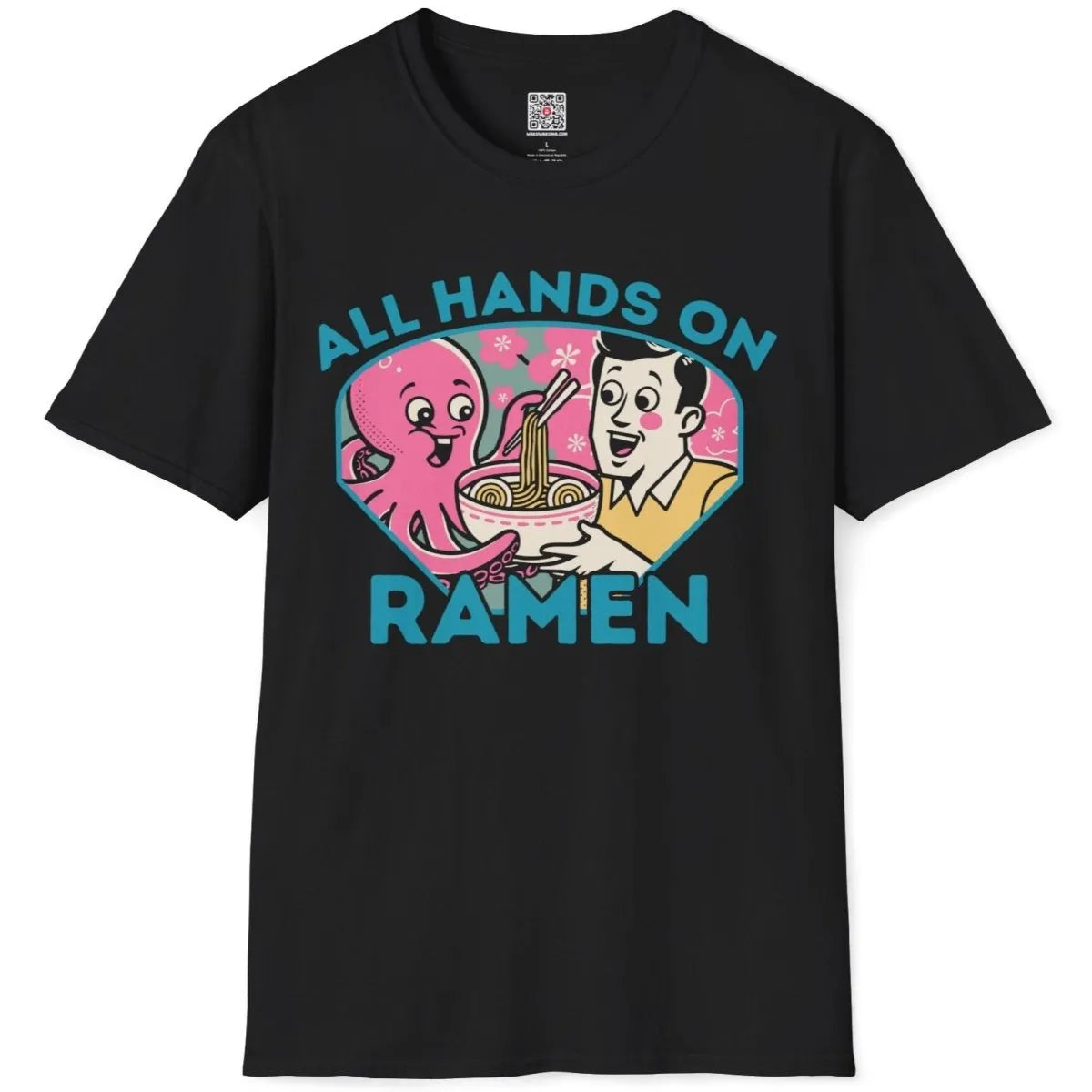 Black flatlay shirt with vibrant octopus, man, ramen bowl, and cherry blossoms in kawaii style.