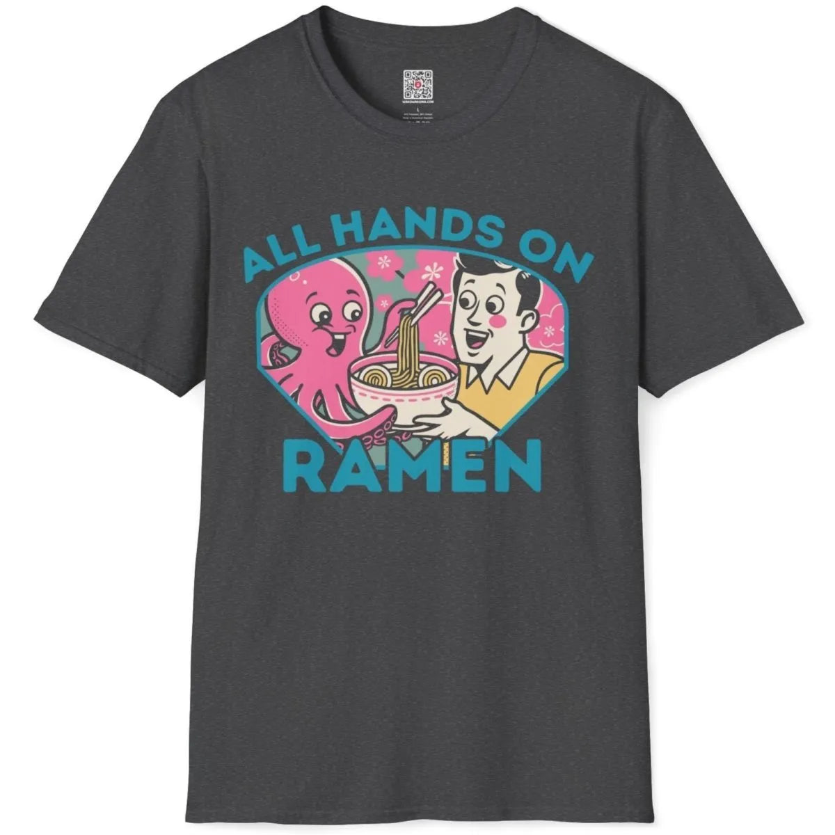 Dark heather shirt flatlay with octopus and man enjoying ramen, cherry blossoms, and ramen t-shirt style.