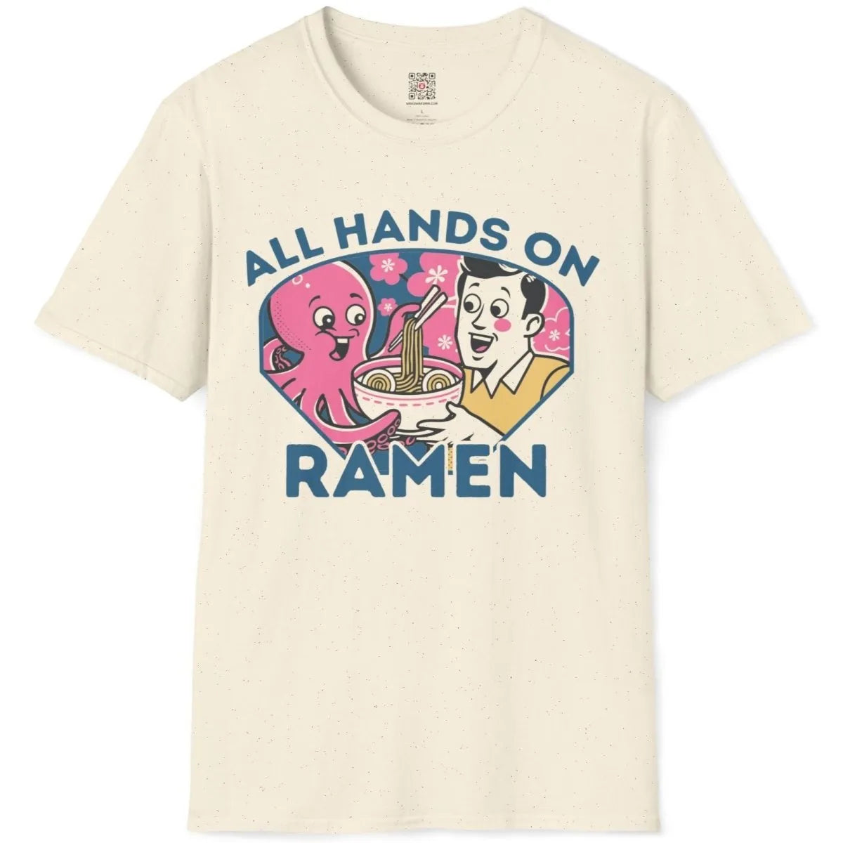 Natural shirt flatlay with cheerful octopus, man, ramen bowl, and dynamic composition.