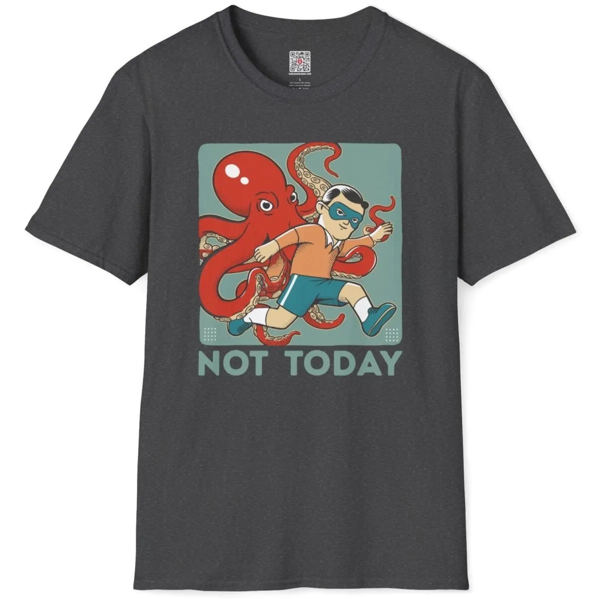 Dark heather shirt flatlay with man chased by octopus, retro cartoon, and positive messaging.