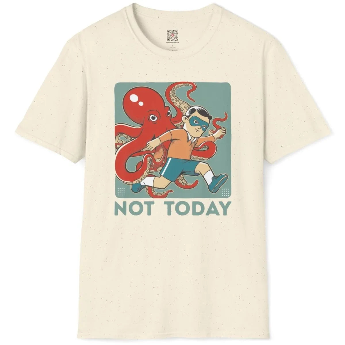 Natural shirt flatlay with superhero mask, red octopus, and vintage aesthetic design.