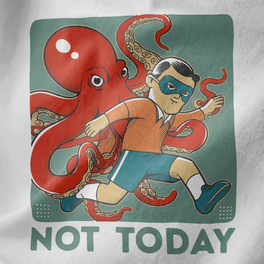 Man in superhero mask chased by red octopus on white shirt, featuring humorous quote and retro cartoon style.