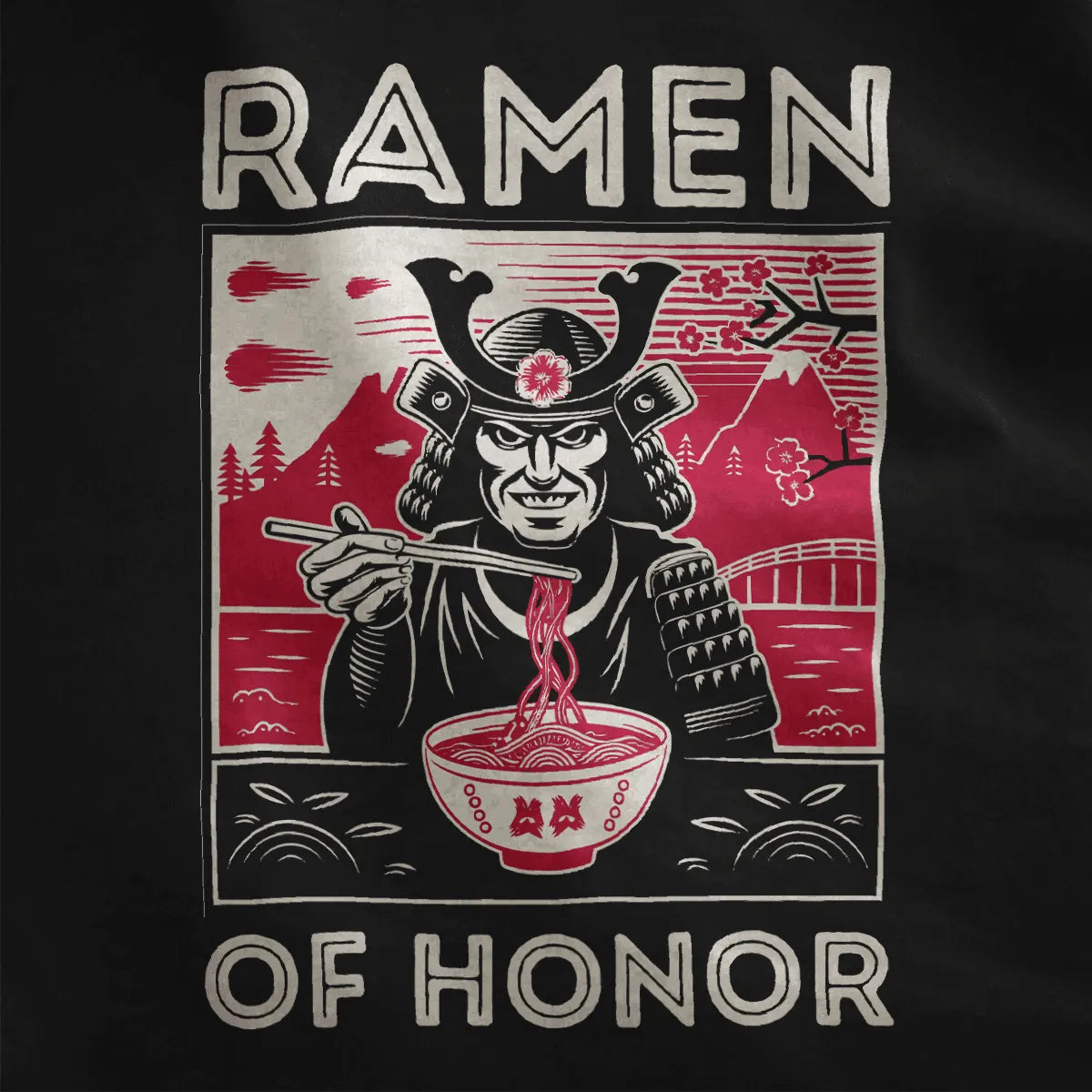 Close-up of vibrant samurai with ramen and cherry blossoms on black shirt; japanese t-shirts, cultural identity.