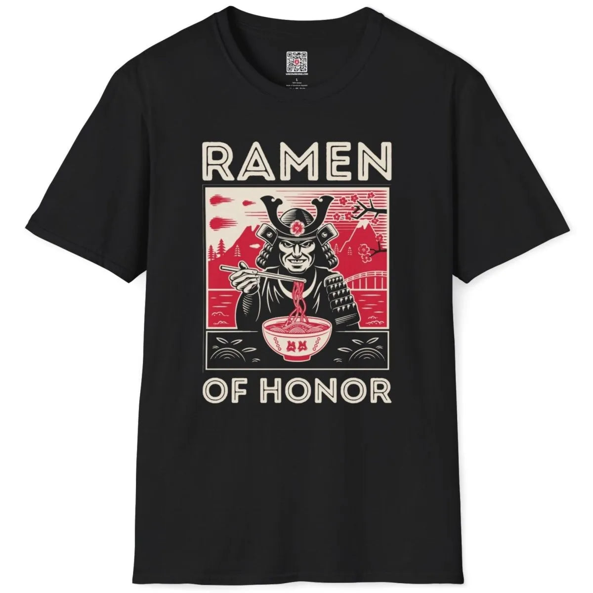 Black flatlay t-shirt with fierce samurai warrior, ramen bowl, and Mount Fuji; japanese t-shirts, cherry blossom design.