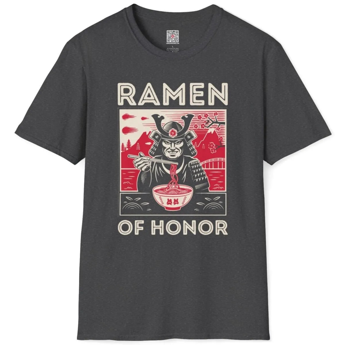 Dark heather flatlay t-shirt with samurai eating ramen, cherry blossoms, and Mount Fuji; japanese t-shirts.