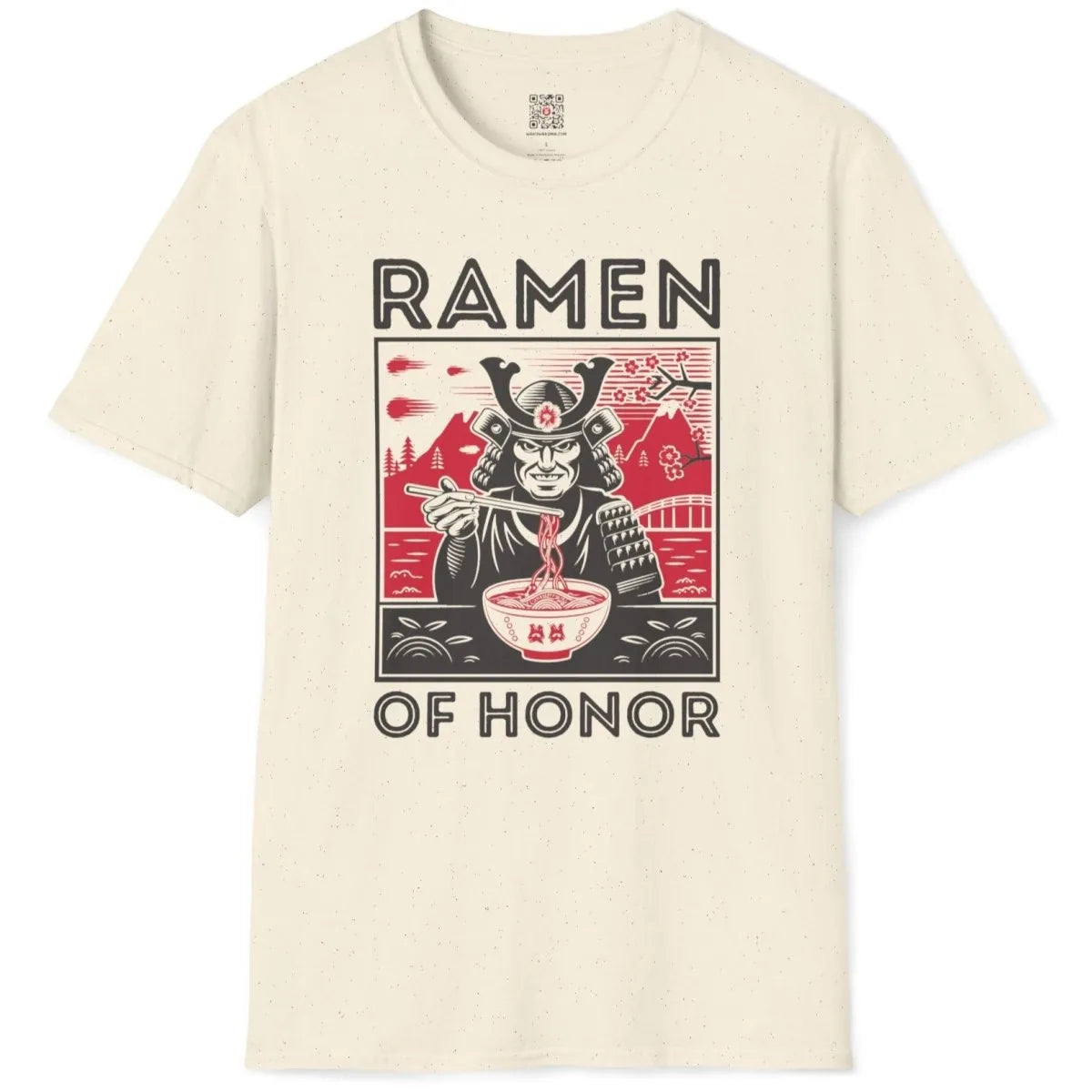 Natural flatlay t-shirt with samurai, ramen, and traditional Japanese bridge; ramen t-shirt, cultural identity.