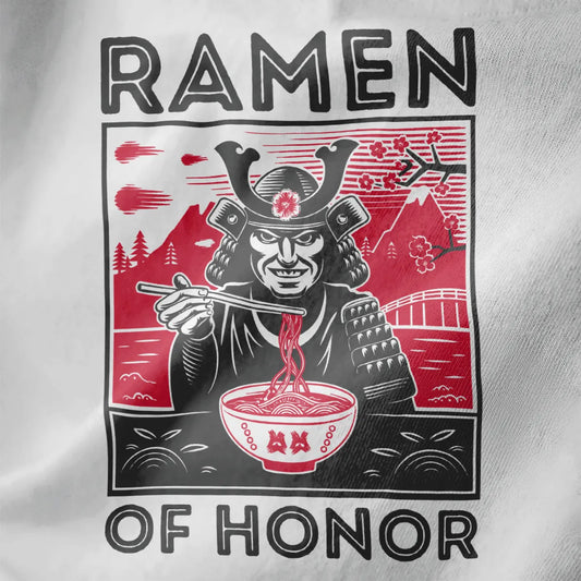 Close-up of bold samurai eating ramen in armor with Mount Fuji on white shirt; japanese t-shirts, ramen t-shirt.