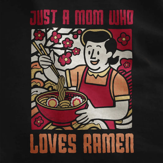 Close-up of joyful ramen mom with chopsticks and blossoms on black shirt; japanese t-shirts, humorous quote.