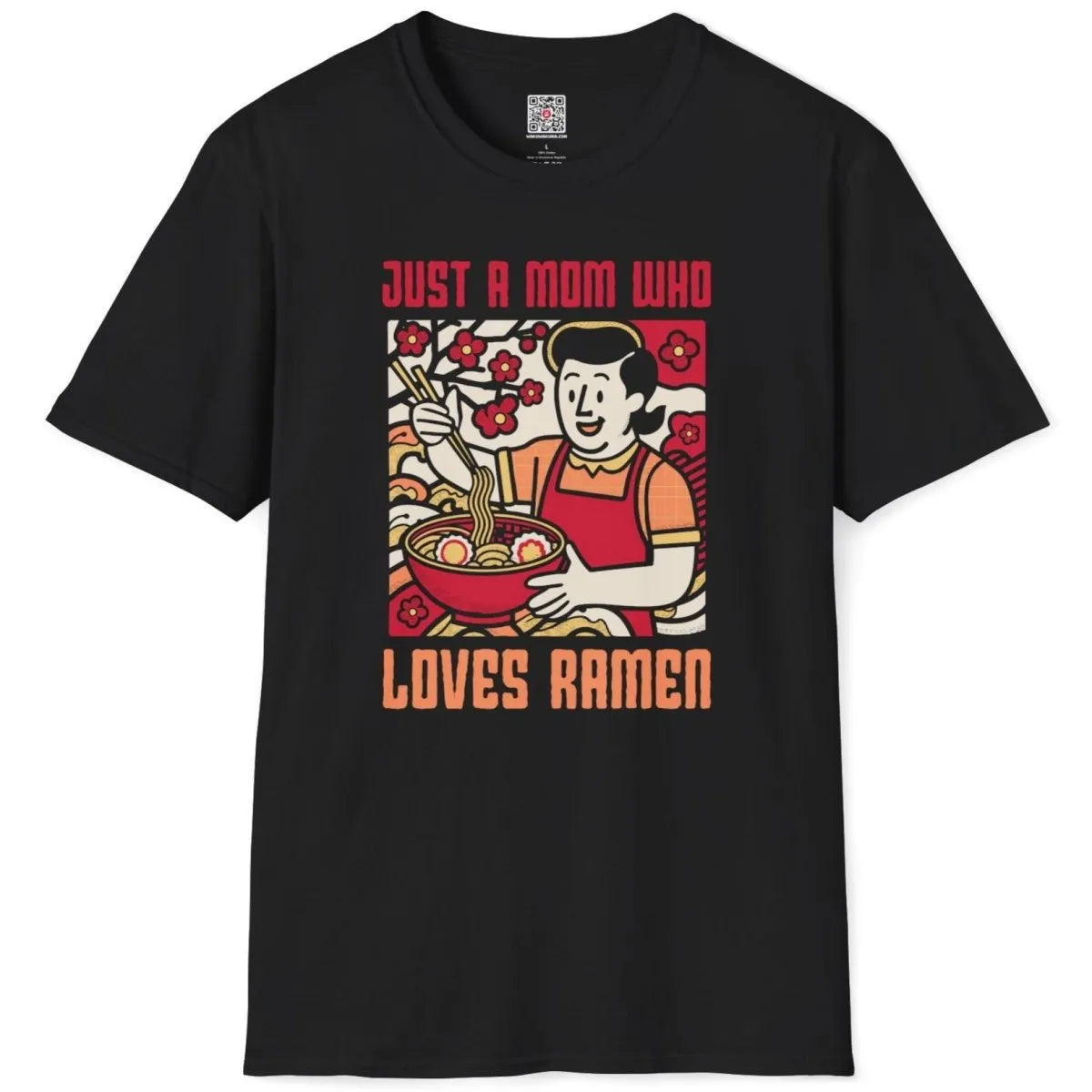 Black flatlay t-shirt with smiling woman, ramen bowl, and cherry blossom background; japanese t-shirts.