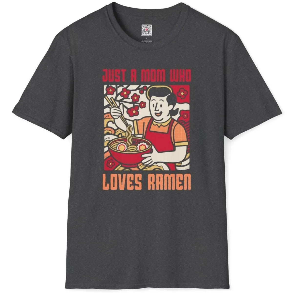 Dark heather flatlay t-shirt with woman in red apron, ramen, and cherry blossoms; japanese t-shirts.