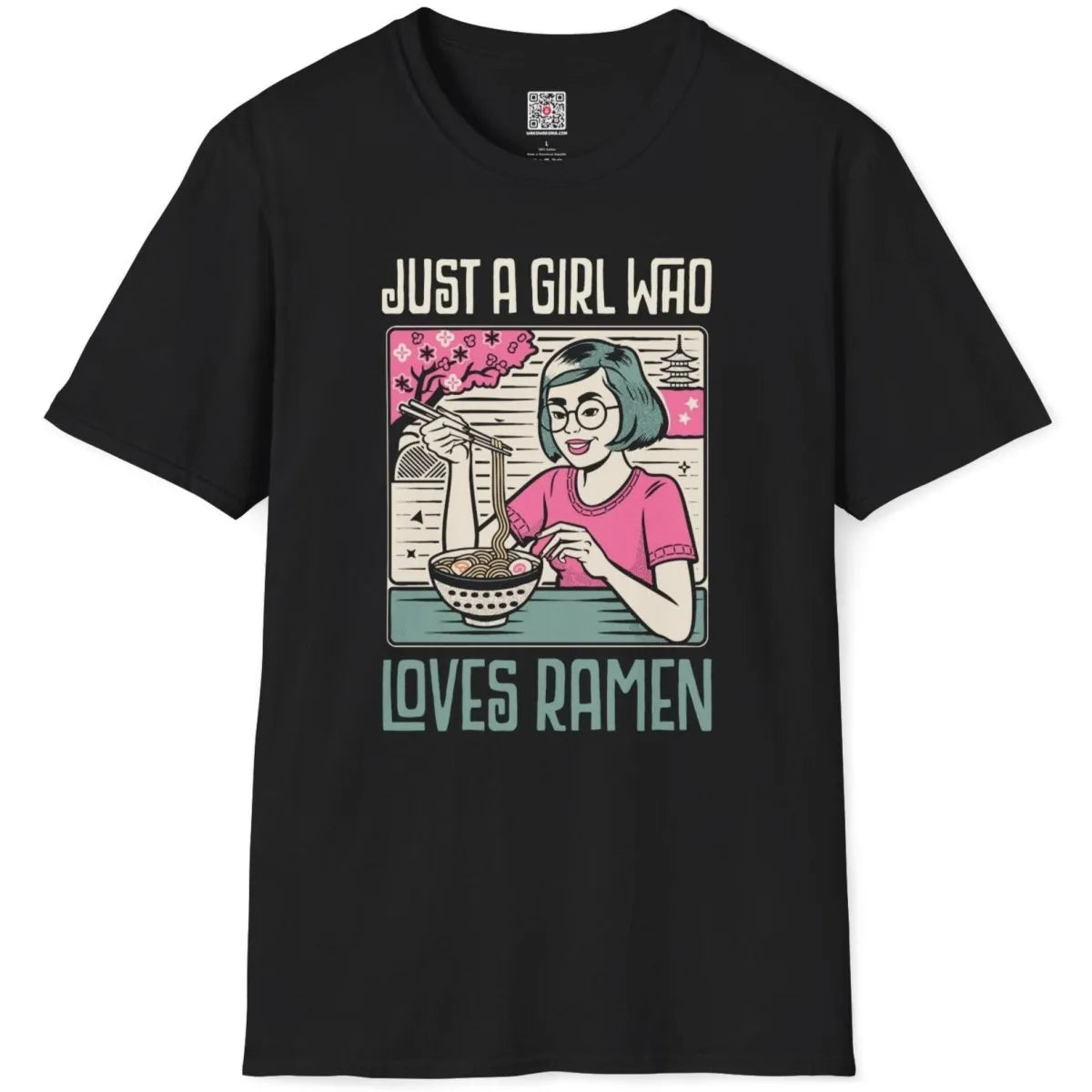 Black flatlay t-shirt with girl enjoying ramen, cherry blossoms, and playful text; japanese t-shirts.