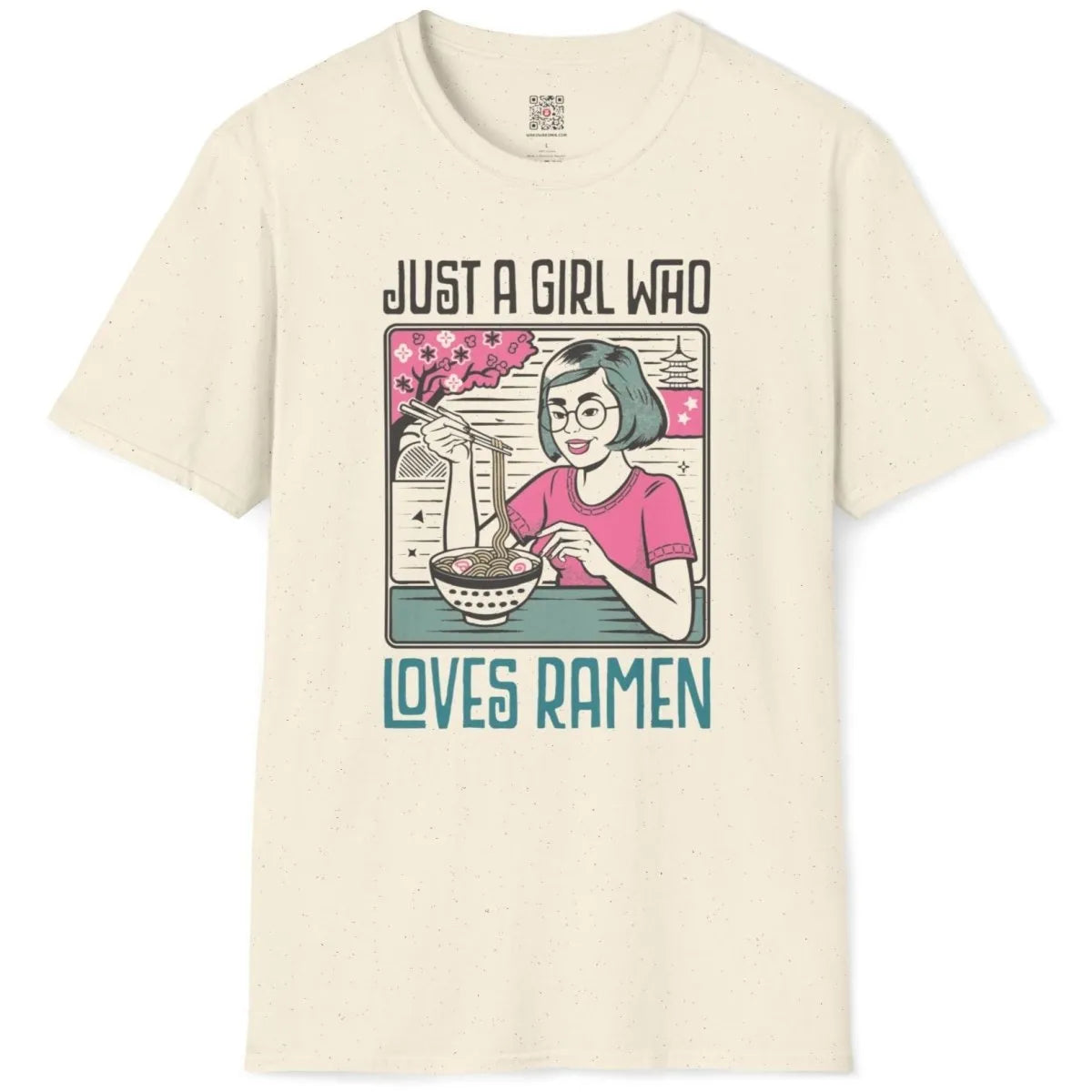 Natural flatlay t-shirt with girl, ramen bowl, and cherry blossoms in soft colors; ramen t-shirt, vintage aesthetic.