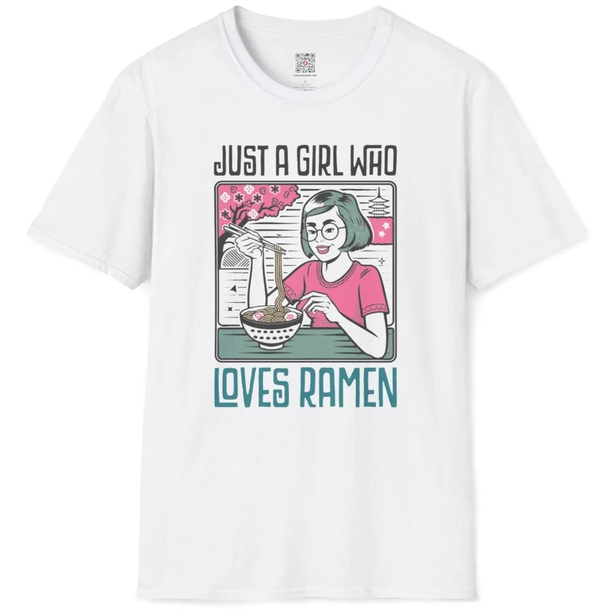 White flatlay t-shirt with girl eating ramen, bold fonts, and pink blossoms; ramen t-shirt, kawaii clothes.