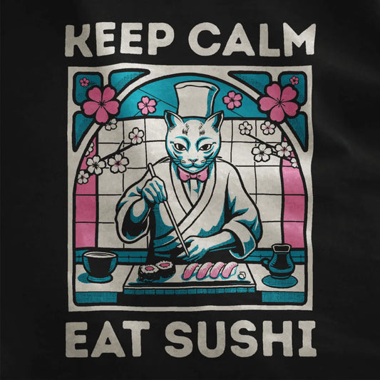 Close-up of sushi cat chef design on black fabric, with keep calm text and pastel Japanese motifs.