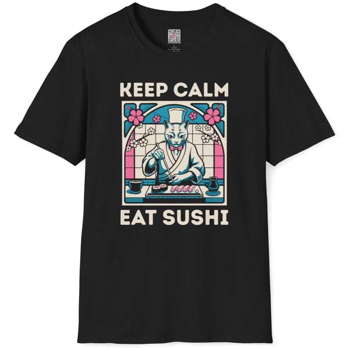 Black t-shirt flatlay with sushi cat chef, keep calm slogan, and cherry blossom theme.