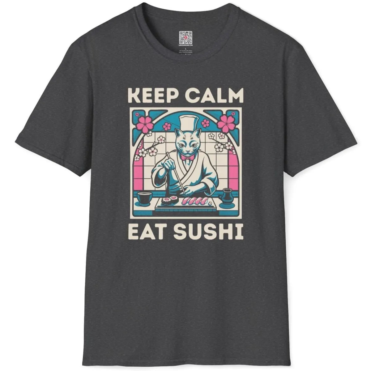 Dark heather t-shirt flatlay showing sushi cat chef, keep calm slogan, and cherry blossom accents.