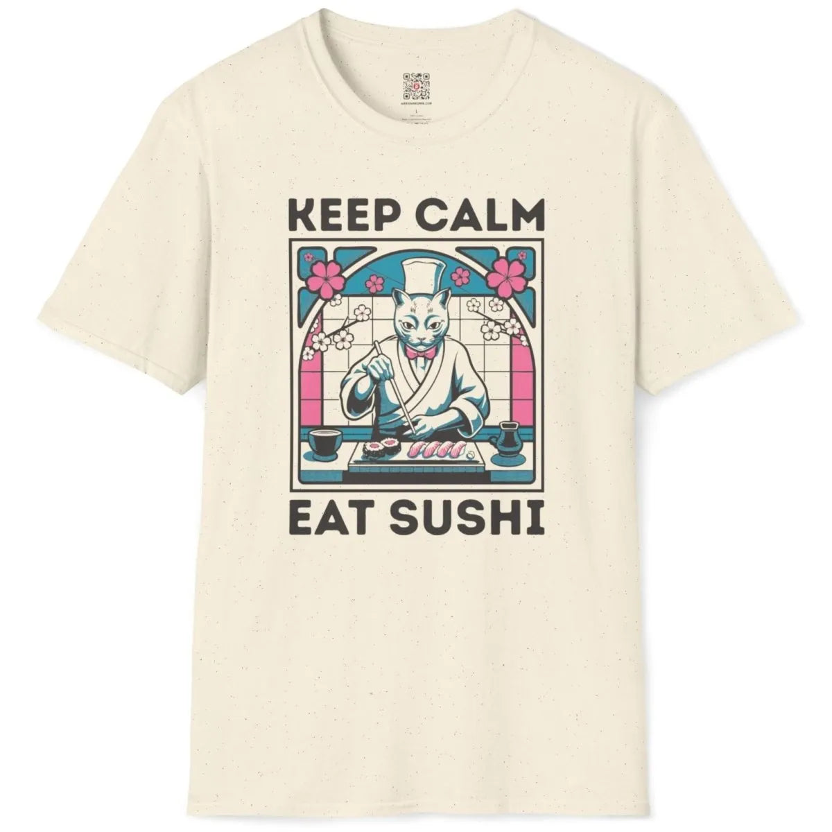 Natural t-shirt flatlay with sushi cat chef, keep calm text, and traditional Japanese art.
