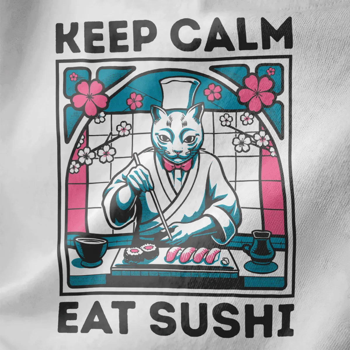 Close-up of sushi cat chef design on white fabric, featuring keep calm text and cherry blossom accents.