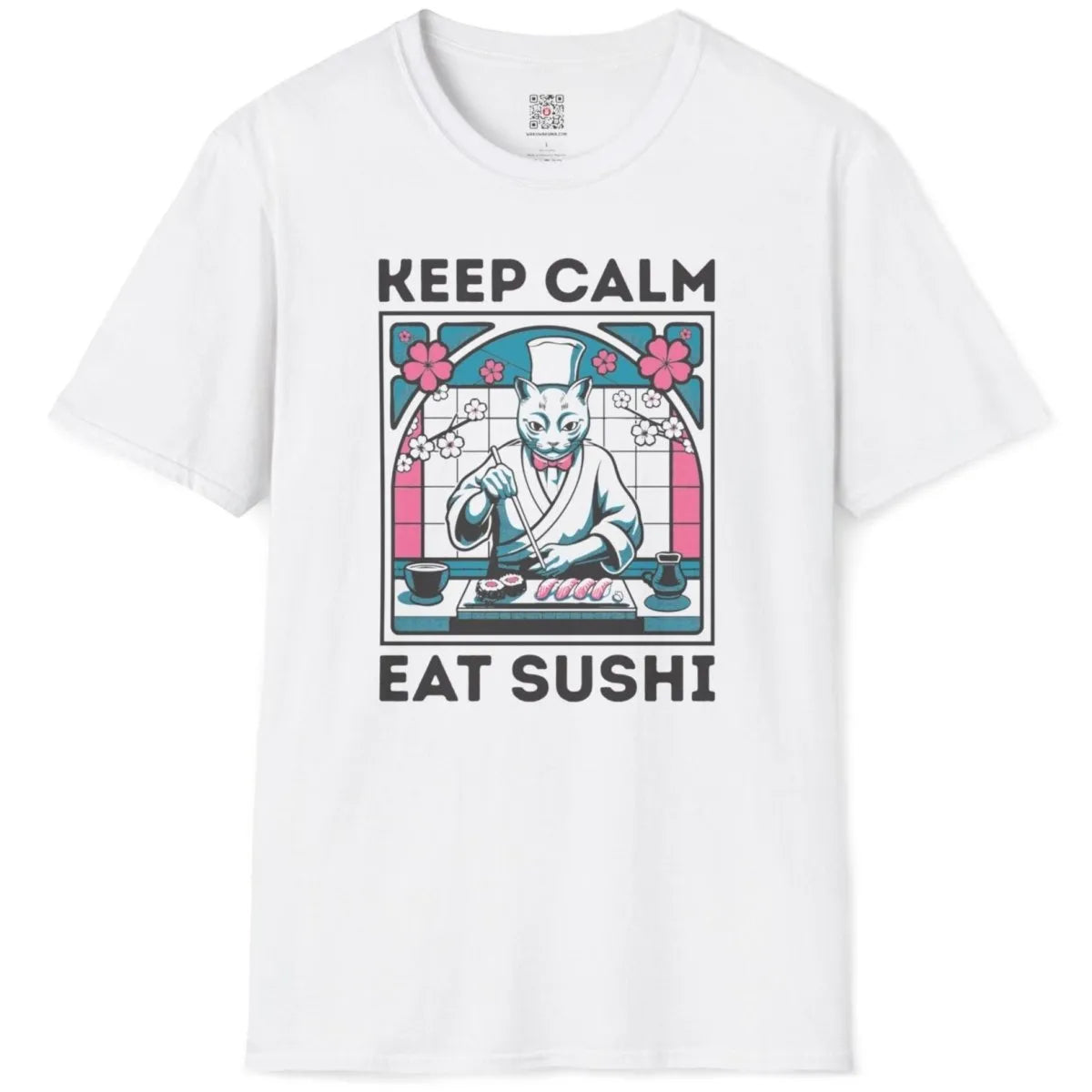 White t-shirt flatlay with sushi cat chef, keep calm text, and pastel Japanese art.