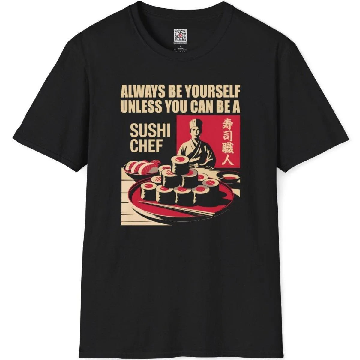 Flatlay of black t-shirt with sushi chef design, bold text, chef, and sushi plate. sushi t-shirt, traditional sushi.