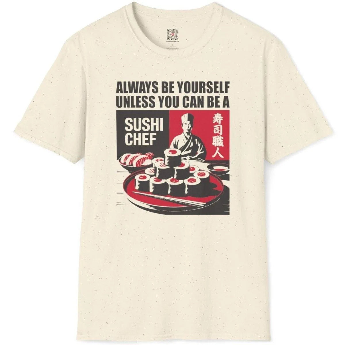 Flatlay of natural t-shirt with sushi chef graphic, motivational phrase, and sushi plate. sushi t-shirt, vintage typography.