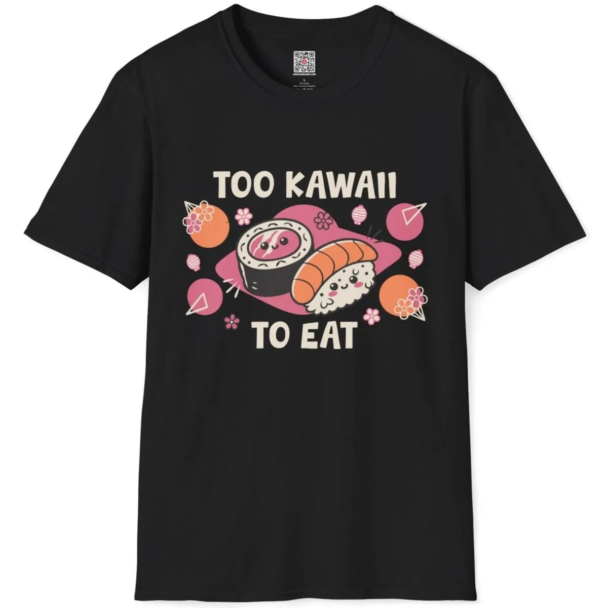 Black t-shirt flatlay with kawaii sushi faces, too kawaii to eat slogan, and Japanese lanterns.